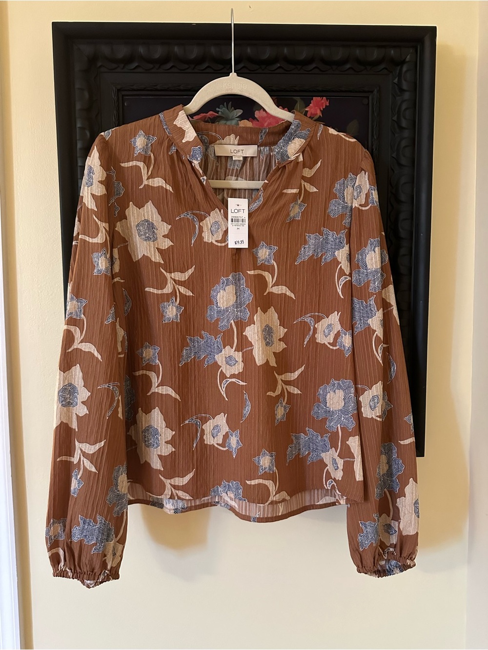 LOFT Brown Floral Long-Sleeve V-Neck Blouse with Blue and Cream Flowers
